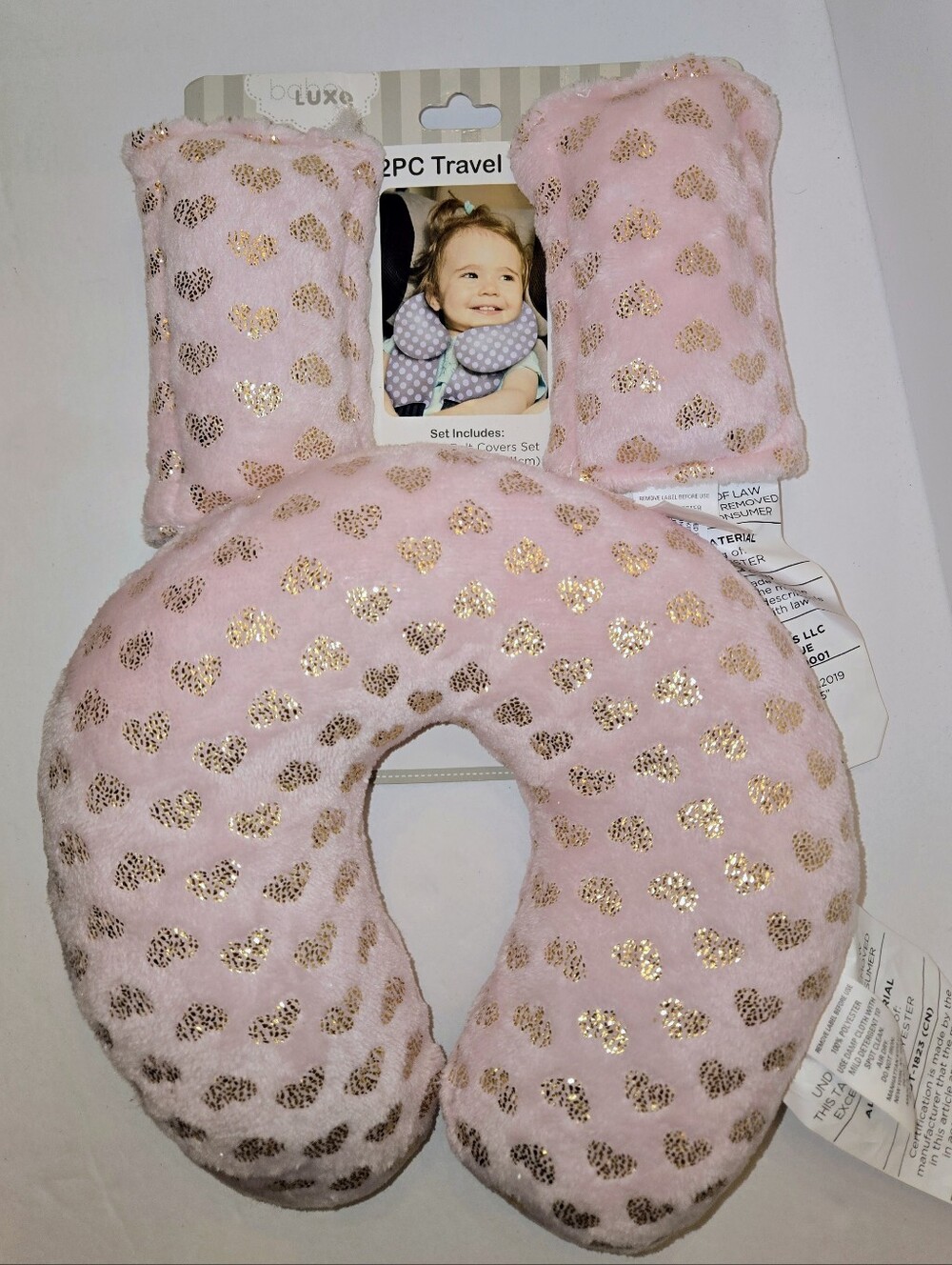 Babe Luxe Kids Pink Gold Heart U-Neck Pillow & Strap Covers NEW